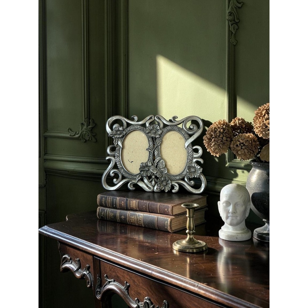 Vintage Pewter Double Picture Frame - Floral Butterfly Photo Frame
